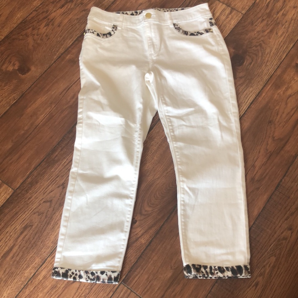 Chico’s Platinum white with animal print trim jeans